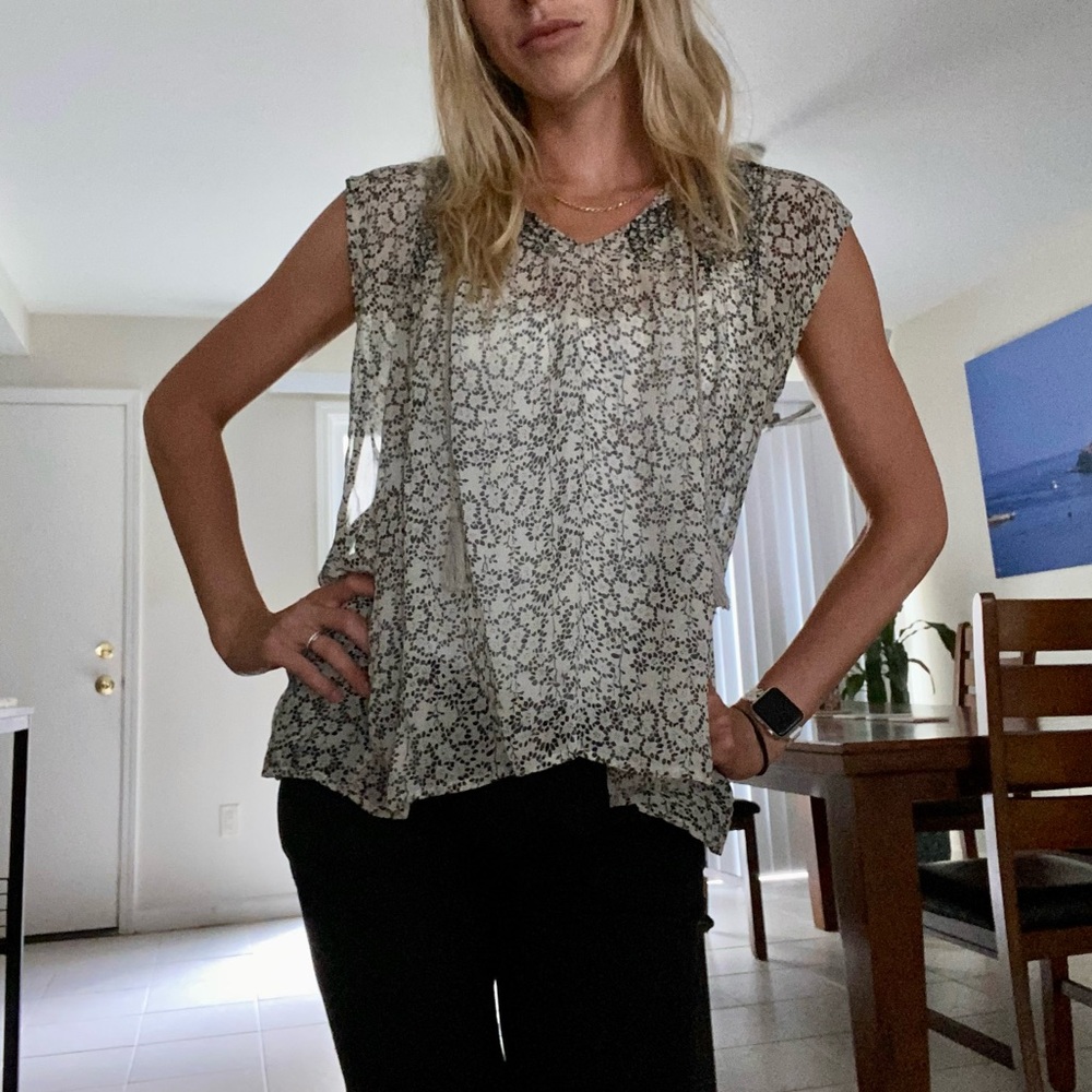 ULLA JOHNSON- Floral black and white printed blouse with tassel ties